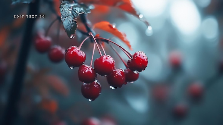 PSD raincovered red berries on a branch
