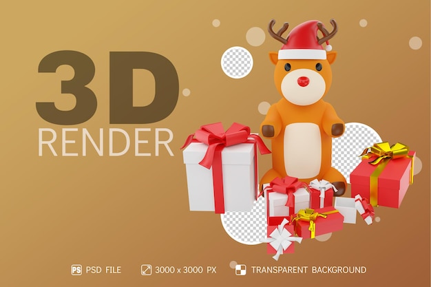 산타 모자와 Raindeer, 선물 상자 3d 렌더링 격리 된 배경