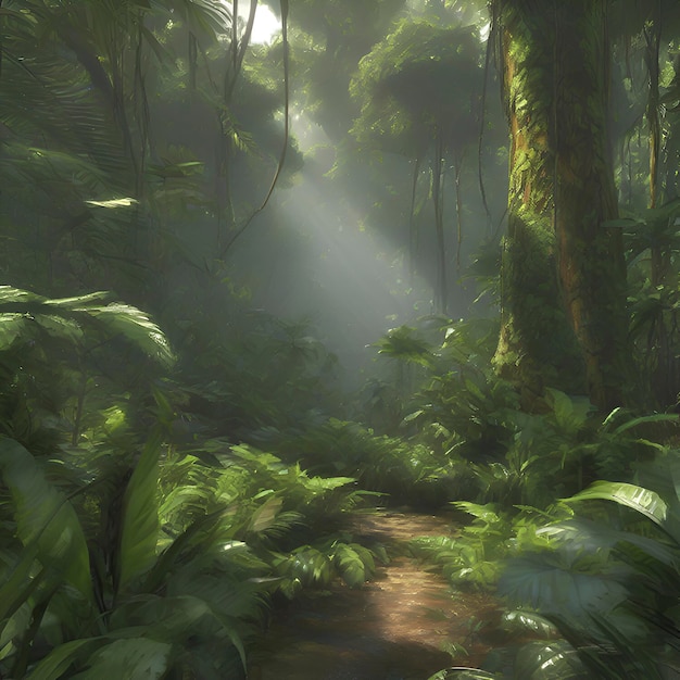 PSD 印象派風の朝の熱帯雨林ai生成