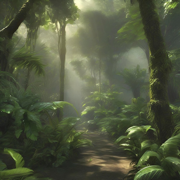 PSD rainforest in the morning in impressionist style aigenerated