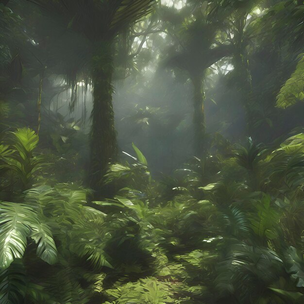 PSD rainforest in the morning in impressionist style aigenerated