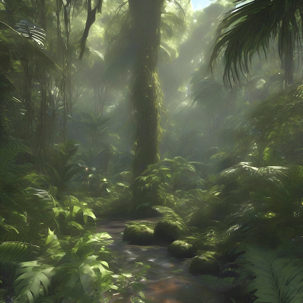 PSD rainforest in the morning in impressionist style aigenerated