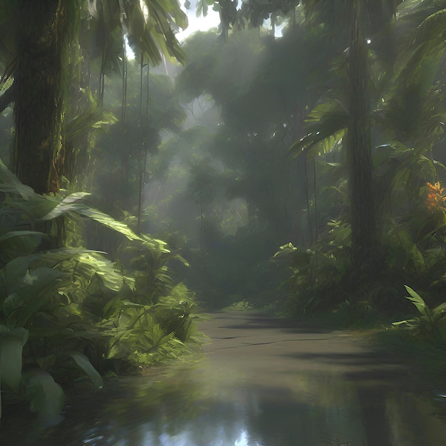 PSD rainforest in the morning in impressionist style aigenerated