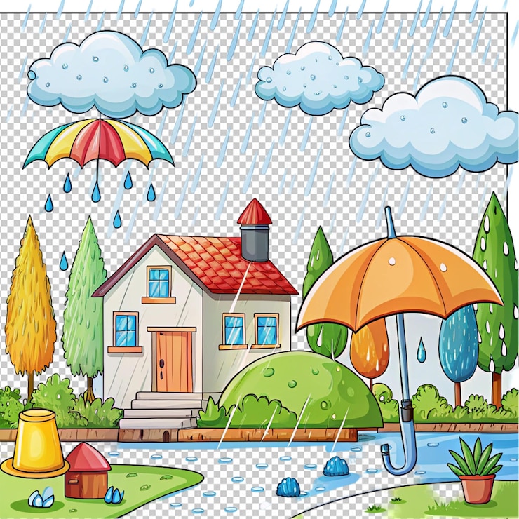 PSD rainy day mood in cartoon style on white background