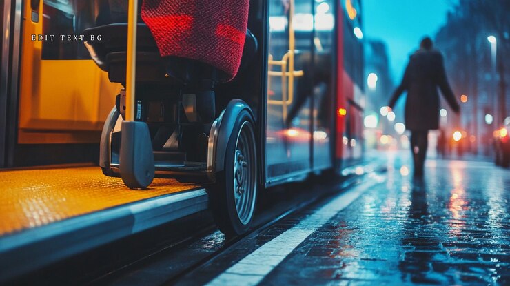 PSD rainy night city street person walking away from a tram with a wheelchair ramp