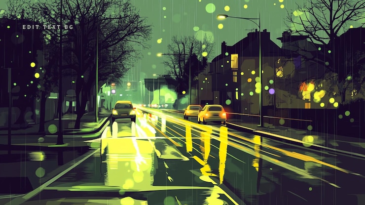 PSD rainy night city street scene with cars and lights
