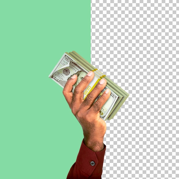 PSD raised hand holding stacks of us dollar notes isolated on transparent background