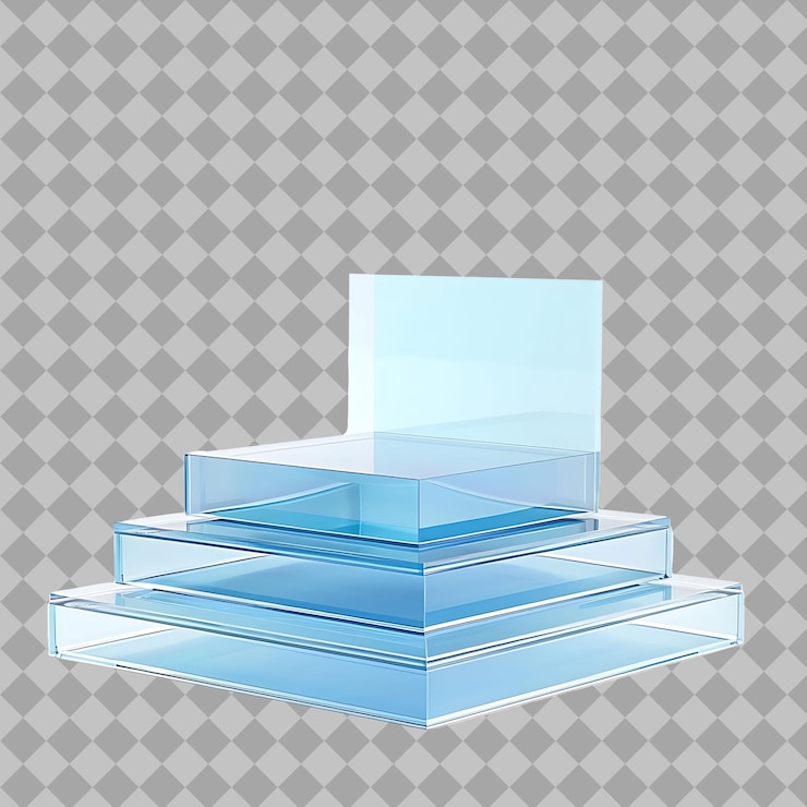 PSD raised square glass product stand with a transparent and glossy fin png object on clean background