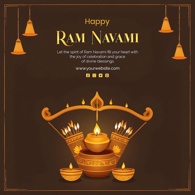 PSD ram navami concept loaded style a bow and arrow with mud clay pot and diya lamp on brown background