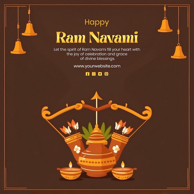 PSD ram navami concept loaded style a bow and arrow with mud clay pot and diya lamp on brown background