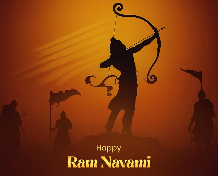 PSD ram navami concept shree ram met een geladen stijl boog en pijl silhouet op gradiënt achtergrond