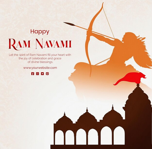 PSD ram navami concept shree ram with bow and arrow silhouette with ram mandir on white background