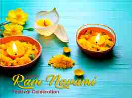 PSD ram navami festival poster clay diya lamps lit during dussehra with yellow flowers green leaves and