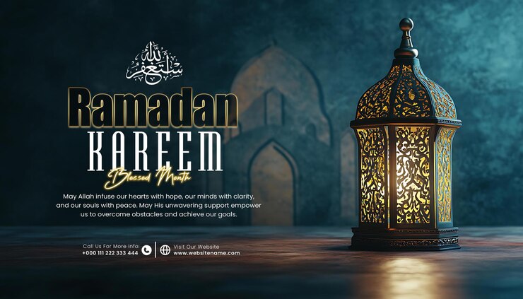 PSD ramada kareem template with illuminated ornate lantern in a mystical islamic setting