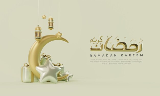 Ramadan 3d render met maan en gouden lichten illustratie