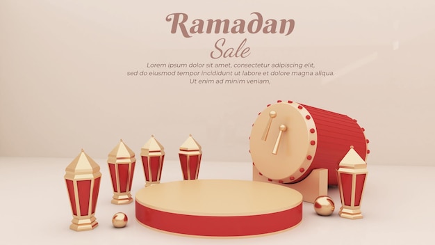 ramadan achtergrond 3d render, compositie met islamitische trommel, leeg podium, lantaarn voor groet, verbod