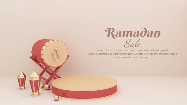 ramadan background 3d render, composition with islamic drum, blank podium, lantern for greeting, ban