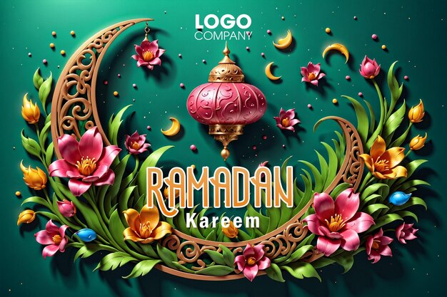 PSD ramadan background hanging 3d fullcolor luxury lantern with geometric mandala crescent moon