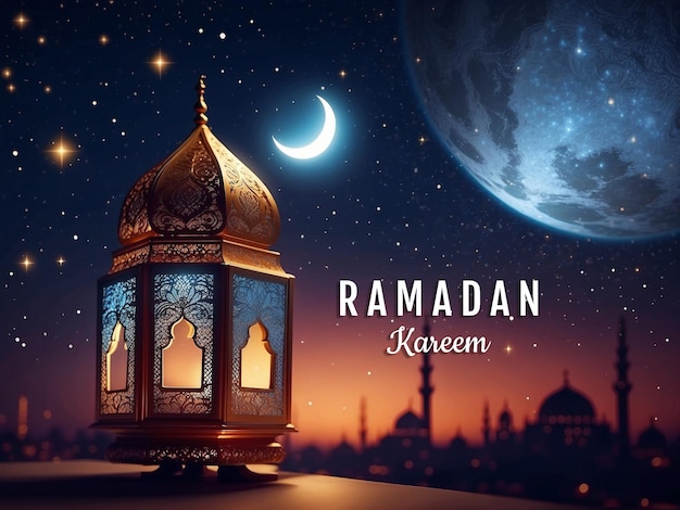PSD ramadan background with lantern with a crescent in the background