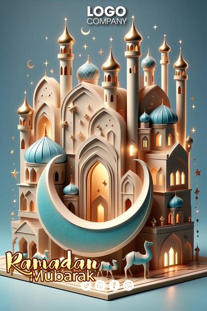 PSD bandiera del ramadan moschea 3d e mezzaluna visualizzata sul cerchio una cupola di cipolla sullo sfondo