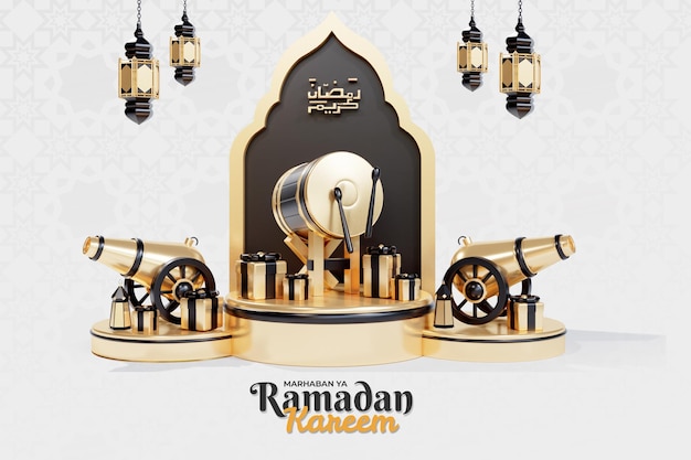 Modello di banner ramadan con tamburo islamico 3d e canone