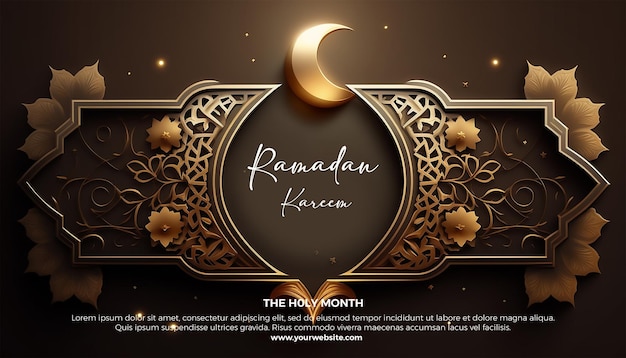 PSD ramadan banner template with 3d render islamic background