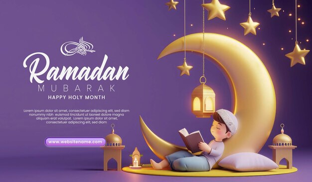 PSD ramadan blessings banner template with a boy prying into a 3d moon and lantern