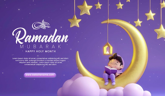 PSD ramadan blessings banner template with a boy prying into a 3d moon and lantern