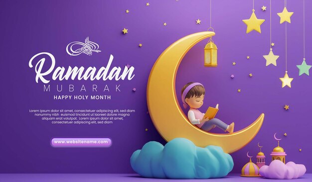 PSD ramadan blessings banner template with a boy prying into a 3d moon and lantern