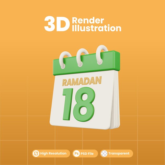 Illustrazione 3d del modello isolato numero 18 del calendario del ramadan