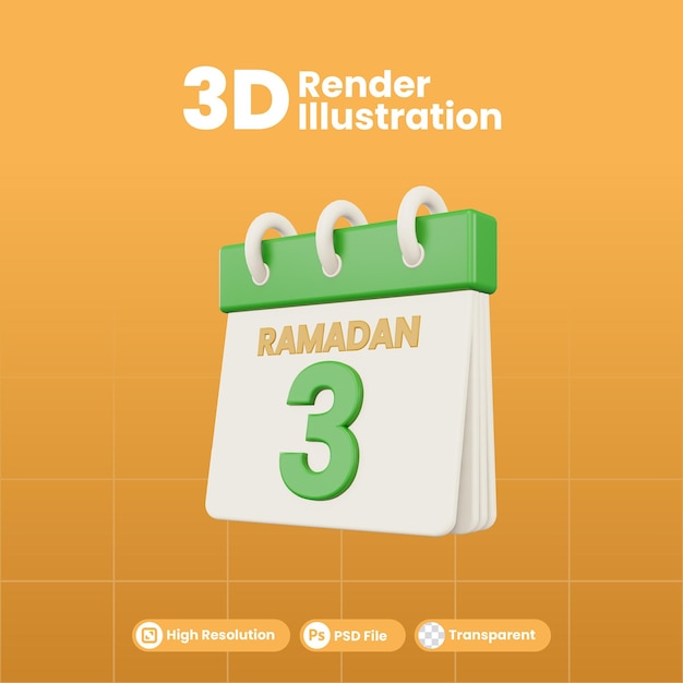 Illustrazione 3d del modello isolato numero 3 del calendario del ramadan