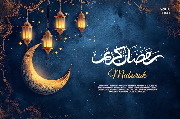 PSD ramadan card with moon and lanterns hanging on a wall social banner template