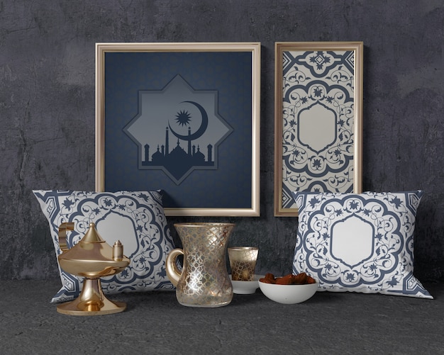 PSD ramadan composition with frame and pillows