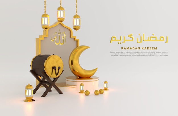 Ramadan crescent moon greeting background with drum and podium arabic lanterns over realistic 3d