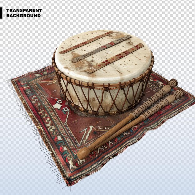 PSD Рамаданский барабан и барабанная палка изолированы на белом фоне