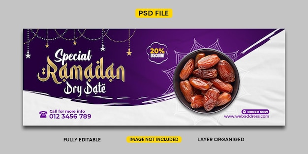 Ramadan dry date banner design and facebook cover template premium psd