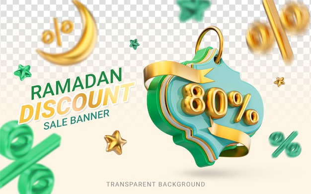 PSD ramadan and eid big offer 80 percent discount sale poster design 3d render for social banner