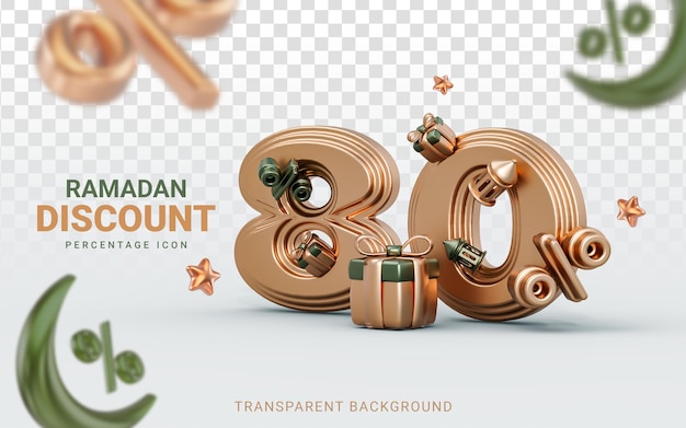 Modello di banner per la vendita di ramadan e eid sconto 80 percento di rendering 3d confezione regalo con lanterna a luna crescente