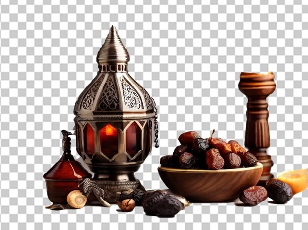 PSD ramadan food and drinks concept ramadan lantern with arabian lamp wood rosary