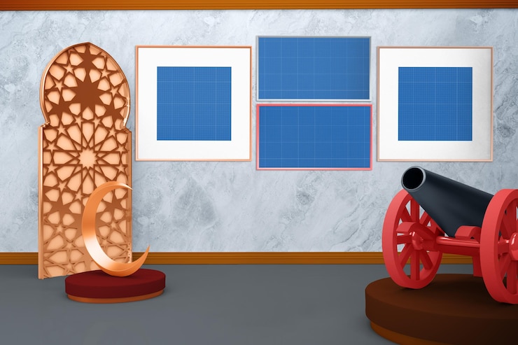 PSD ramadan frames on wall mockup