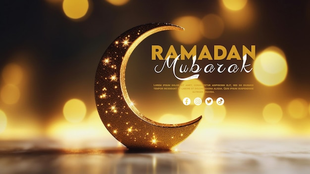 Ramadan glowing crescent moon on blurred background banner social template card
