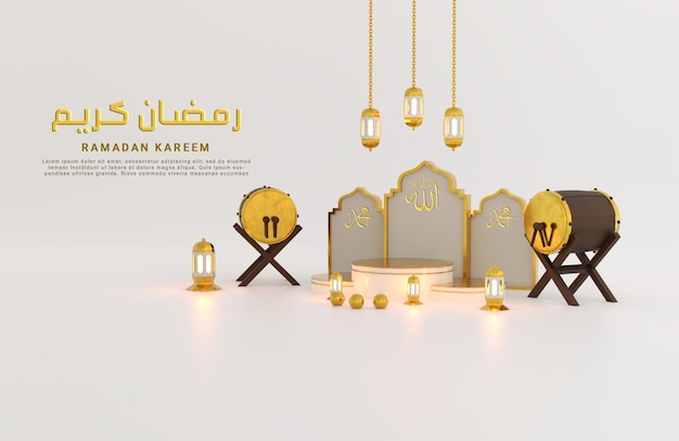 Sfondo di saluti del ramadan con due tamburi e podio tre lanterne arabe appese in 3d realistico