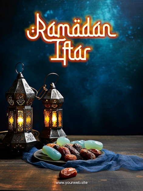 PSD modello di poster di ramadan iftar con la festa musulmana del mese sacro di ramadan kareem