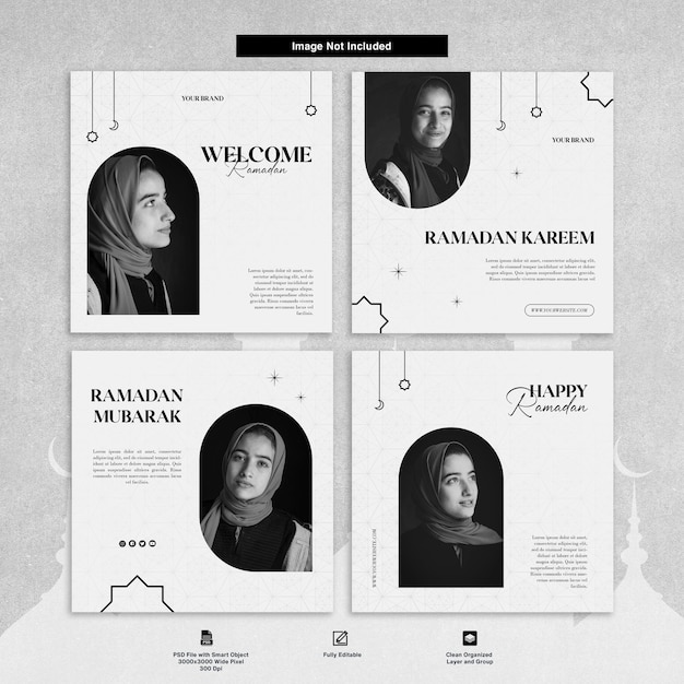 PSD Рамадан instagram post minimalist flat design black and white theme set bundle