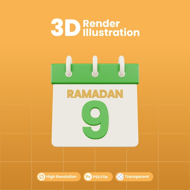 Ramadan Kalendarz Numer 9 Na Białym Tle Szablon Ilustracja 3d