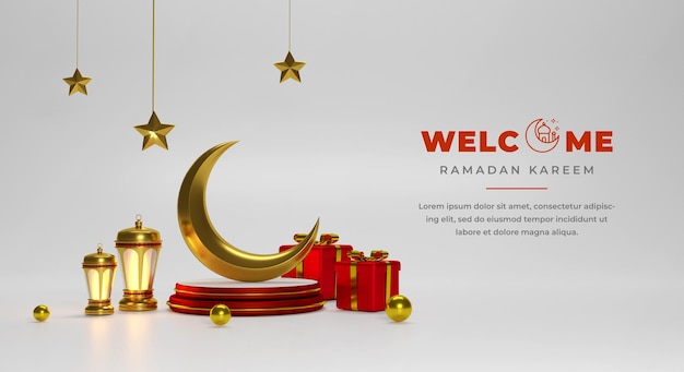 Ramadan kareem 3d background composition with 3d moon and arabic lanterns