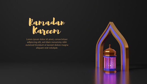 Ramadan kareem sfondo 3d con lampada e sfondo scuro