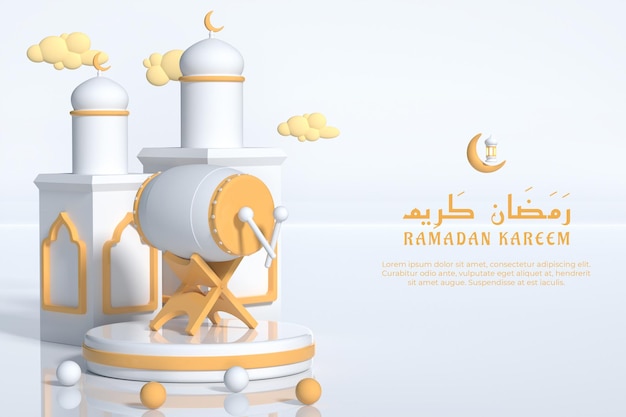 Illustrazione 3d di ramadan kareem con moschea lanterna e tamburo tradizionale psd premium