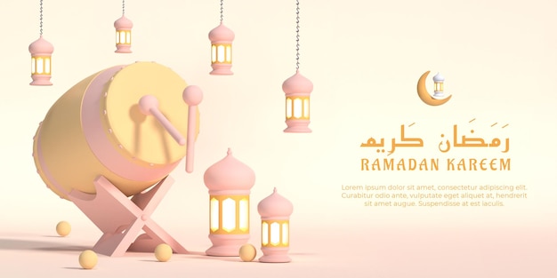 Ramadan kareem 3d ilustracja z latarnią i tradycyjnym bębnem premium PSD