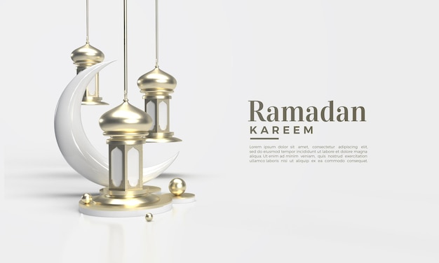 Ramadan kareem rendering 3d con lampadario classico e falce di luna